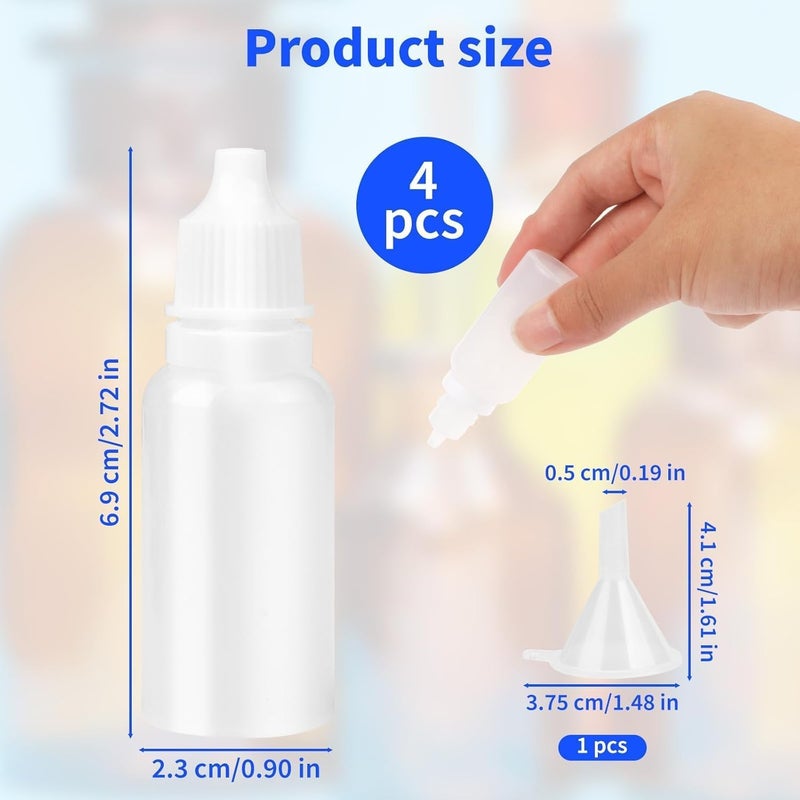 Pretwad 5 PCS (4 Bottles + 1 Funnel) 15ml (0.5oz) Small Plastic Dropper Bottles - Empty, White Eye Liquid Dropper Bottles, Squeezable & Portable Travel Containers for Eye Drops, Refillable with Cap and Plug - Image 3